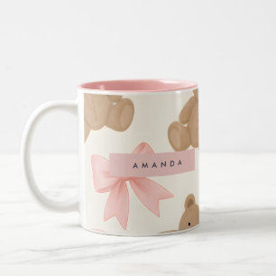 Personalized Cute Teddy Bear and Pink Bow Pattern Two-Tone Coffee Mug