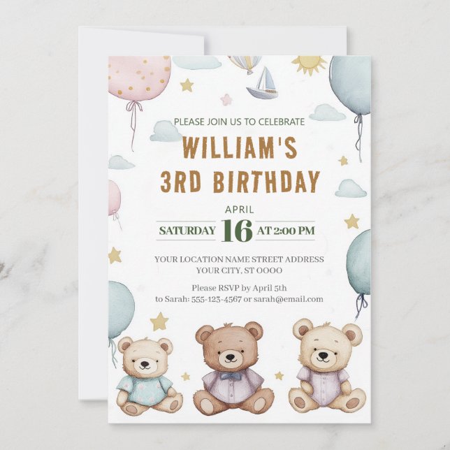 Personalized Cute Teddy Bear Birthday Invitation (Front)