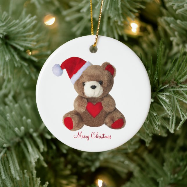 Personalized Cute Teddy Bear on White Ceramic Ornament (Tree)