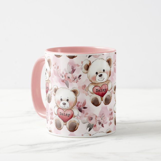 Personalized Cute Teddy Bear Valentine’s Day Heart Mug (Front Left)