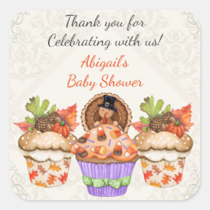 Personalized Cute Thanksgiving Cupcake Baby Shower Square Sticker