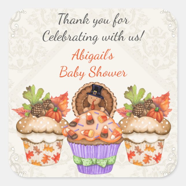 Personalized Cute Thanksgiving Cupcake Baby Shower Square Sticker (Front)