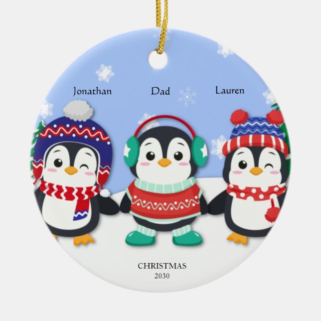 Personalized Cute Three Penguin  Snow Scene Ceramic Ornament (Front)