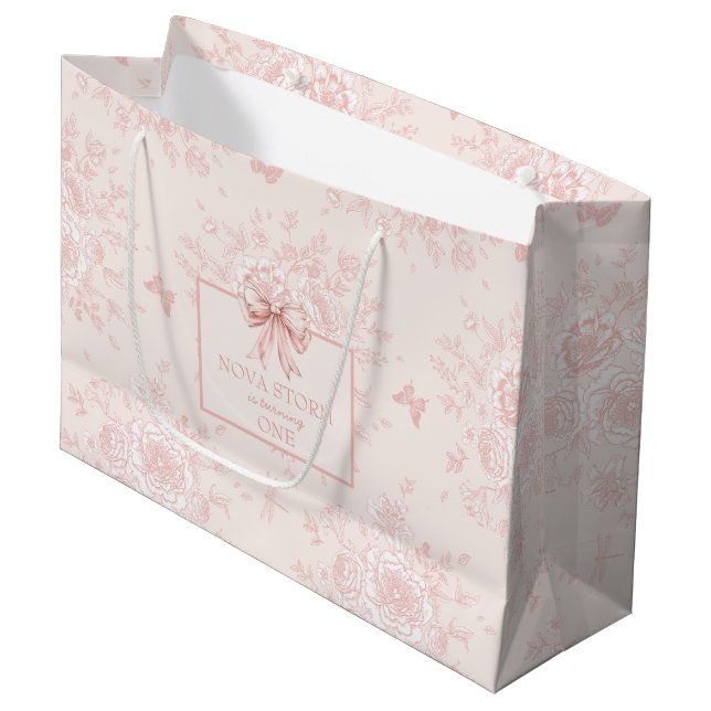 Personalized Cute Toile Pink Coquette Birthday Large Gift Bag (Front Angled)