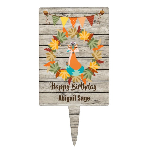 Personalized Cute Tribal Fox Happy Birthday Fall Cake Topper (Front)