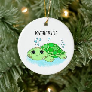 Personalized Cute Turtle Cartoon Name Ceramic Ornament