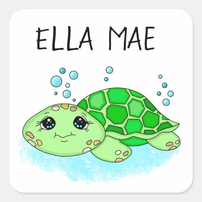 Personalized Cute Turtle Cartoon Name  Square Sticker (Front)