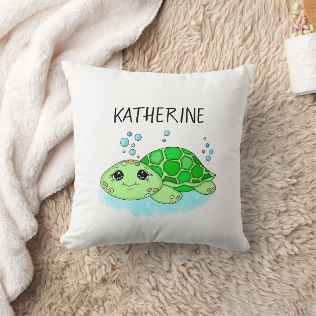 Personalized Cute Turtle Cartoon Name  Throw Pillow (Blanket)