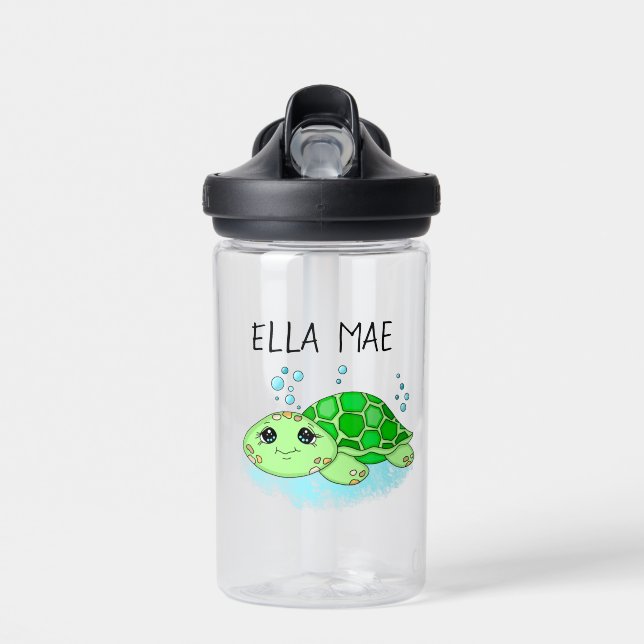 Personalized Cute Turtle Cartoon Name  Water Bottle (Front)