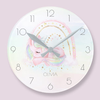 Personalized cute unicorn girl rainbow round clock