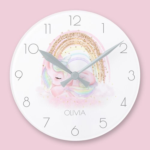 Personalized cute unicorn girl rainbow round clock