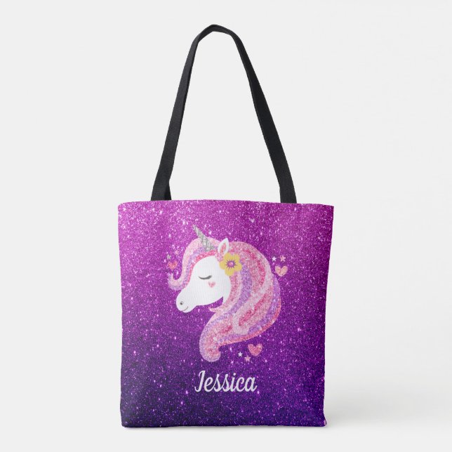 Personalized Cute Unicorn Girls School Tote Bag (Back)