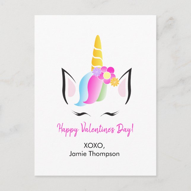 Personalized Cute Unicorn Happy Valentine's Postcard (Front)