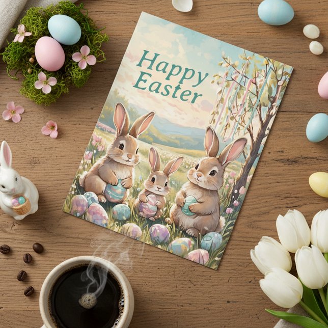 Personalized Cute Vintage Bunnies And Easter Eggs Postcard (Creator Uploaded)