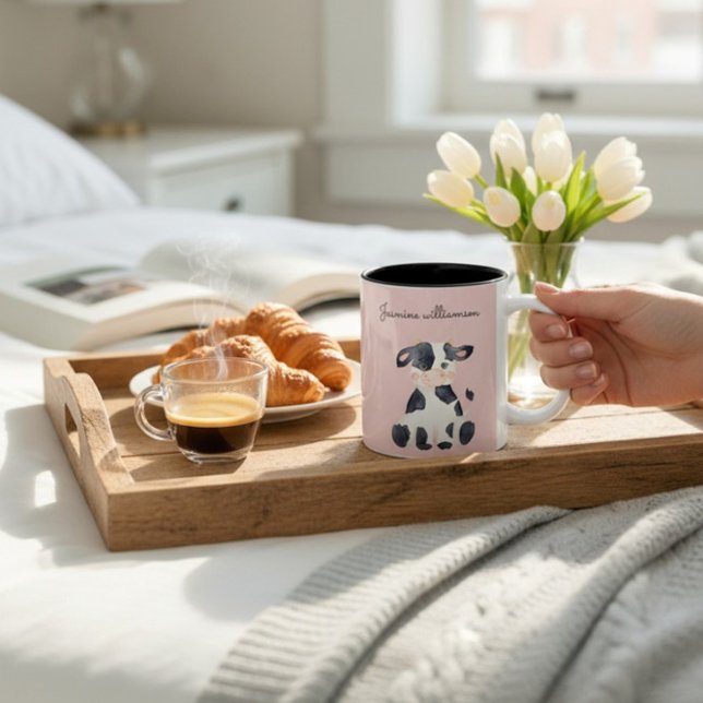 Personalized cute watercolor cow pink girls  Two-Tone coffee mug (Creator Uploaded)