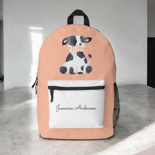 Personalized cute watercolor cow school  printed backpack (personalized watercolor cow school bag )