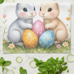 Personalized Cute Watercolor Easter Bunnies Kitchen Towel