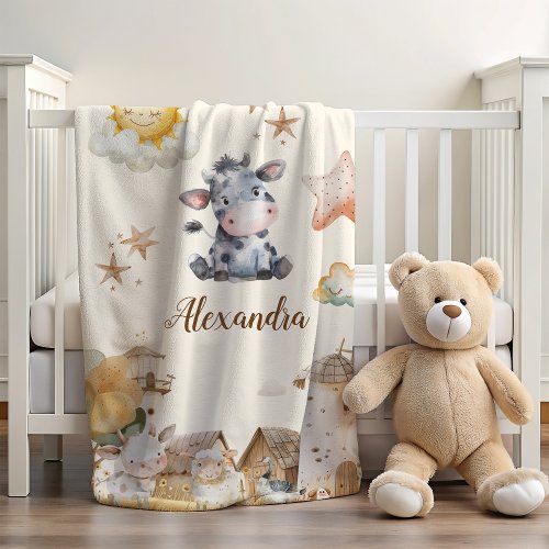 Personalized Cute Watercolor Farm Animals  Baby Blanket