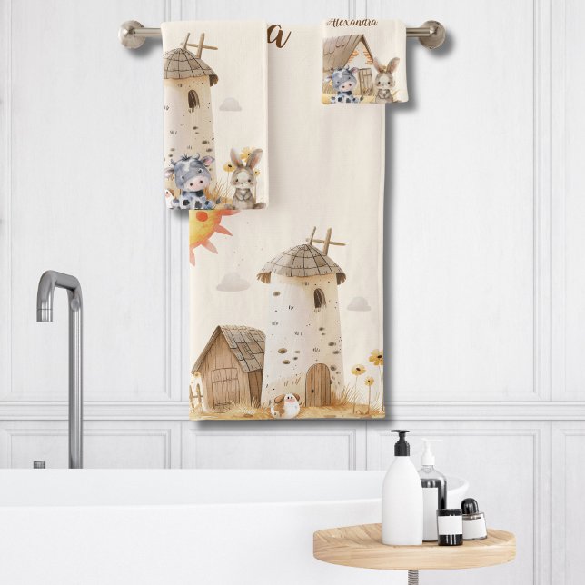 Personalized Cute Watercolor Farm Animals  Bath Towel Set (Creator Uploaded)