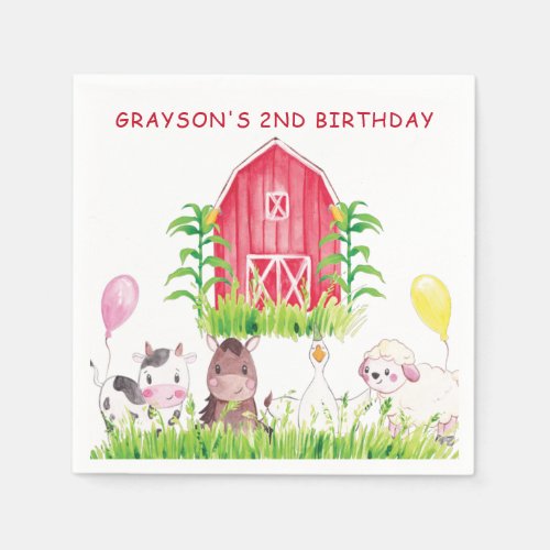 Personalized Cute Watercolor Farm Birthday Napkins