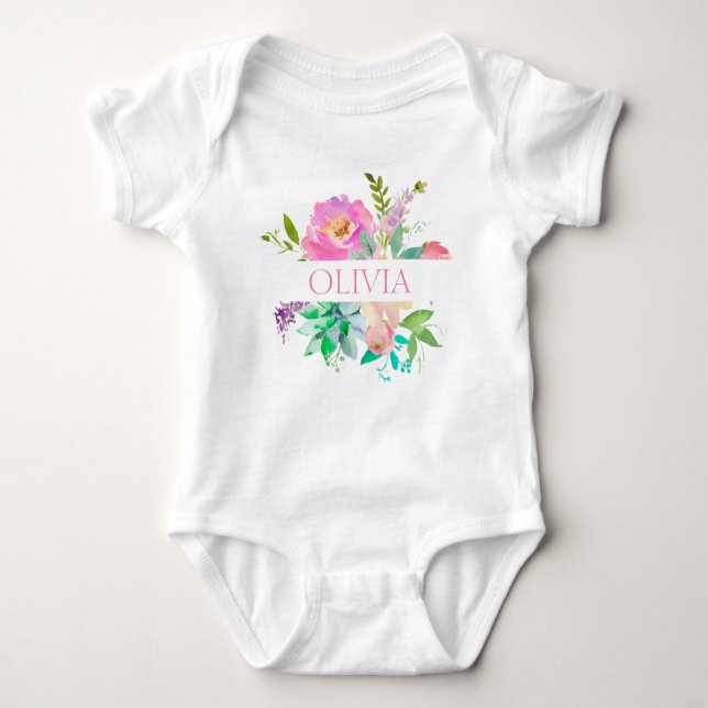 Personalized Cute Watercolor Floral Pink Rose Baby Bodysuit (Front)