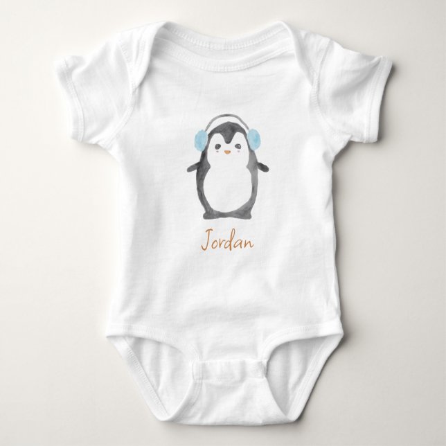 Personalized cute watercolor penguin baby bodysuit (Front)