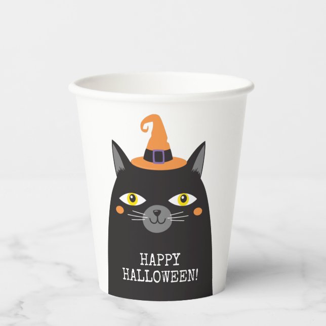 Personalized Cute Whimsical Halloween Black Cat  Paper Cups (Front)