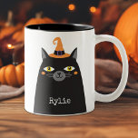 Personalized Cute Whimsical Halloween Black Cat  Two-Tone Coffee Mug<br><div class="desc">A cute black Halloween cat with a hat decorates this mug. Personalize it with your name. Fill it with treats as a fun gift for a friend this Halloween. Designed for you by Blackberry Boulevard.</div>