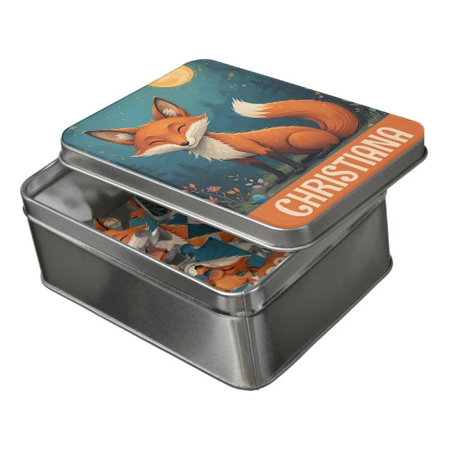 Personalized Cute Whimsical Sitting Fox Jigsaw Puzzle (Lid Open)