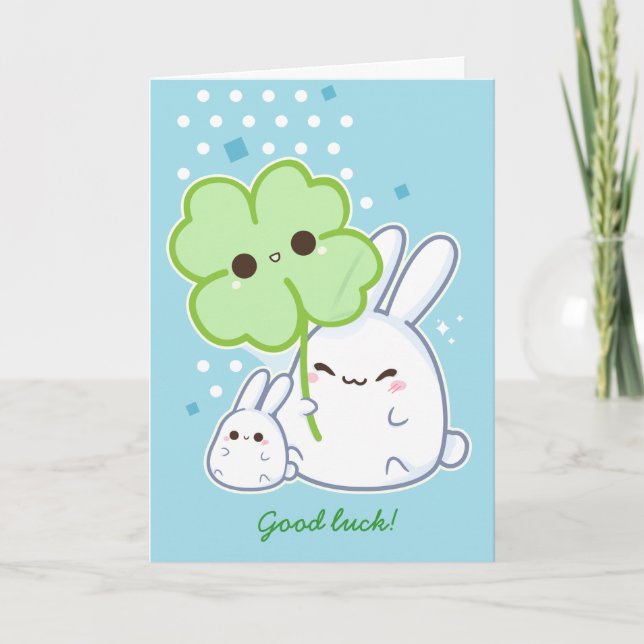 Personalized - Cute white bunny with kawaii clover Card (Front)