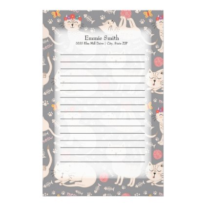 Personalized Cute White Cats on Gray Stationery