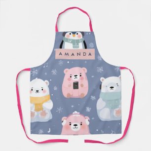 Personalized Cute Winter Bear & Penguin Pattern Apron
