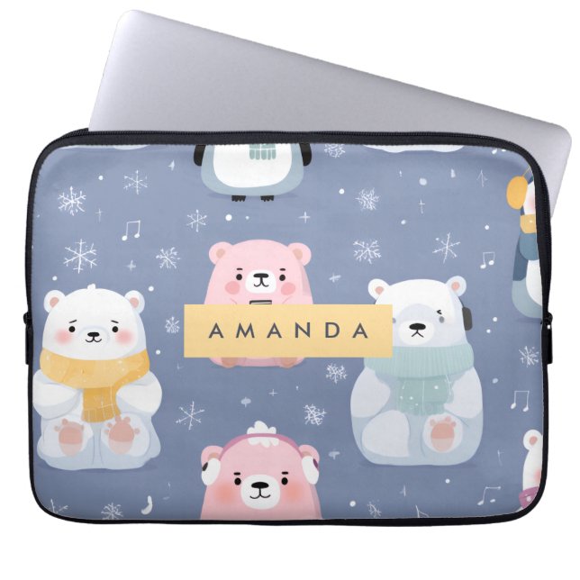Personalized Cute Winter Bear & Penguin Pattern  Laptop Sleeve (Front)
