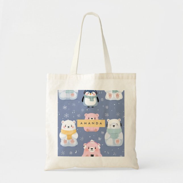 Personalized Cute Winter Bear & Penguin Pattern  Tote Bag (Front)