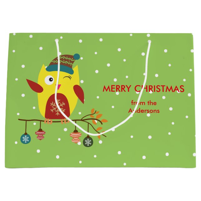Personalized Cute Winter Owl Christmas Design Large Gift Bag (Front)