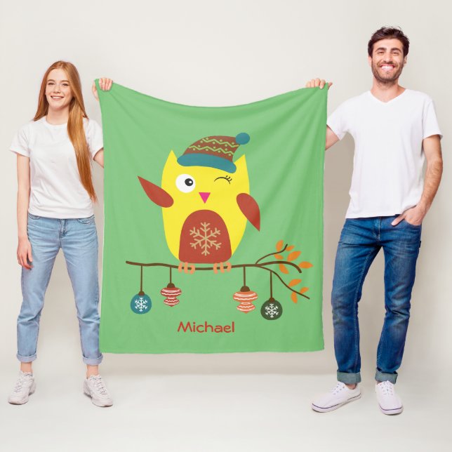 Personalized Cute Winter Owl Christmas llustration Fleece Blanket (In Situ)