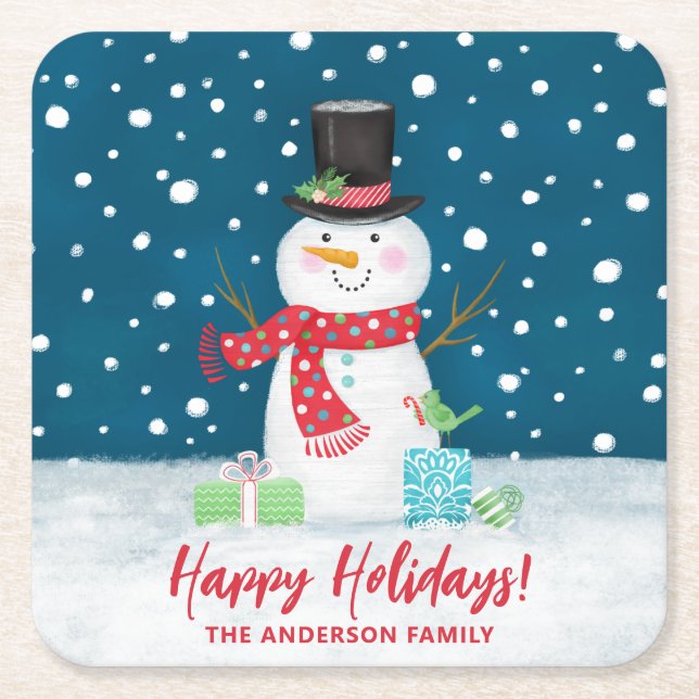 Personalized Cute Winter Snowman Christmas  Square Paper Coaster (Front)