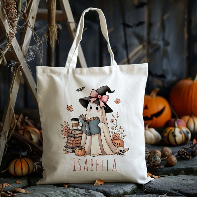 Personalized Cute Witch Ghost Trick Or Treat Candy Tote Bag (Creator Uploaded)