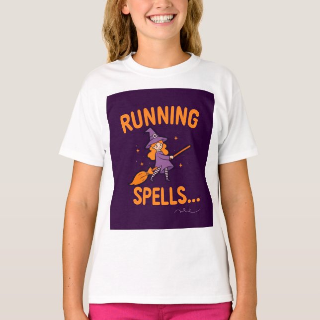 Personalized Cute Witch Running Spells  T-Shirt (Front)