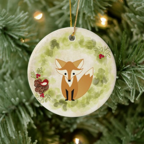Personalized Cute Woodland Fox and Holiday Wreath Ceramic Ornament