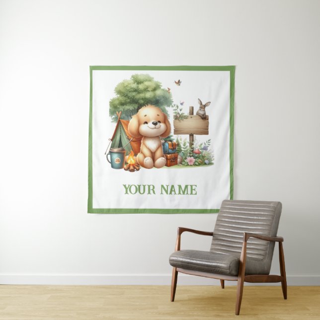  Personalized Cute Woodland Puppy  Tapestry (In Situ)