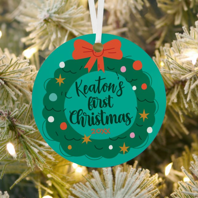 Personalized Cute Wreath Baby's First Christmas Metal Ornament (Insitu)