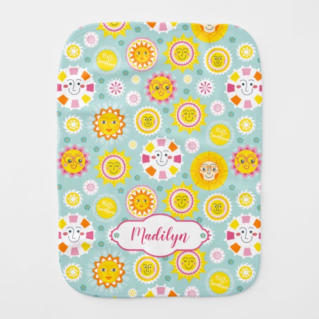 Personalized Cute Yellow Sunshine Baby Burp Cloth (Front)