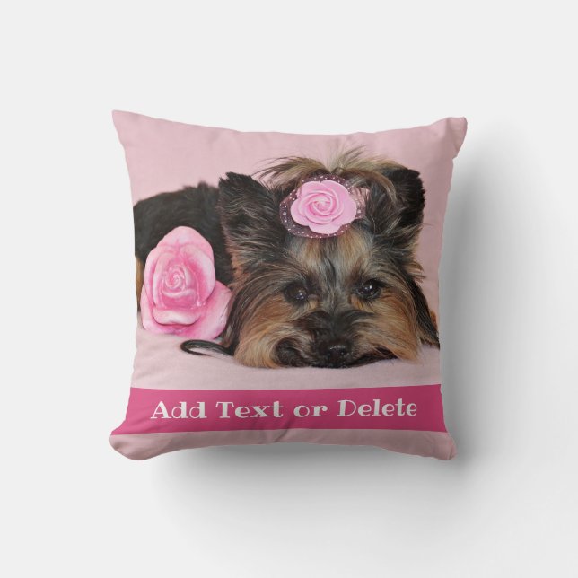Personalized Cute Yorkie Puppy Pink Throw Pillow (Front)