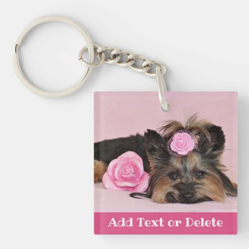 Personalized Cute Yorkie Puppy with pink roses Keychain