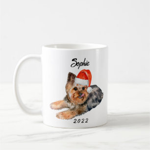 Personalized Cute Yorkie with Santa Hat Watercolor Coffee Mug