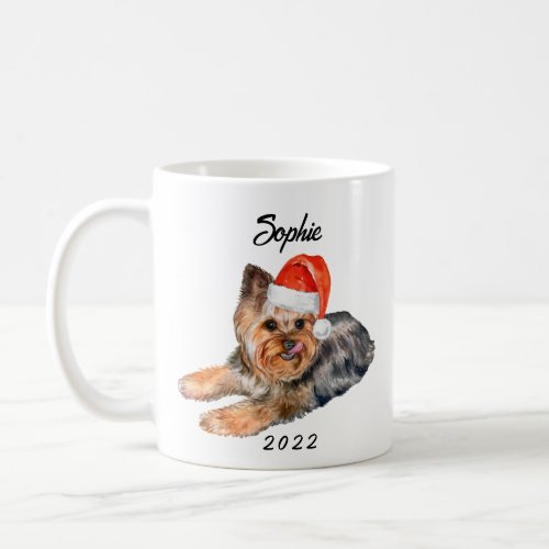 Personalized Cute Yorkie with Santa Hat Watercolor Coffee Mug