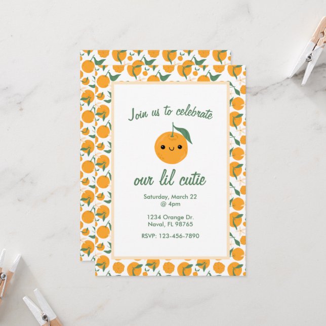 Personalized Cutie Orange Mandarin Clementine Invitation (Front/Back In Situ)