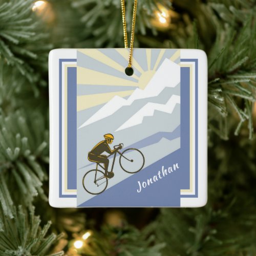 Personalized Cyclist Biking up Mountain Road Bike Ceramic Ornament
