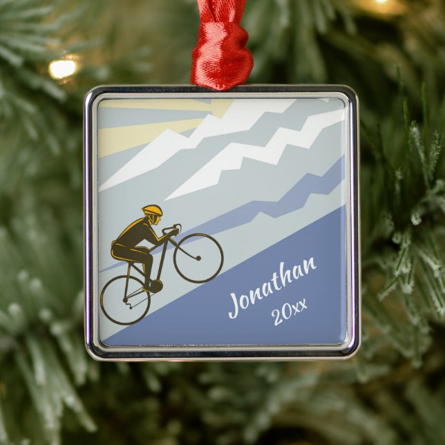 Personalized Cyclist Biking up Mountain Road Bike Metal Ornament (Tree)